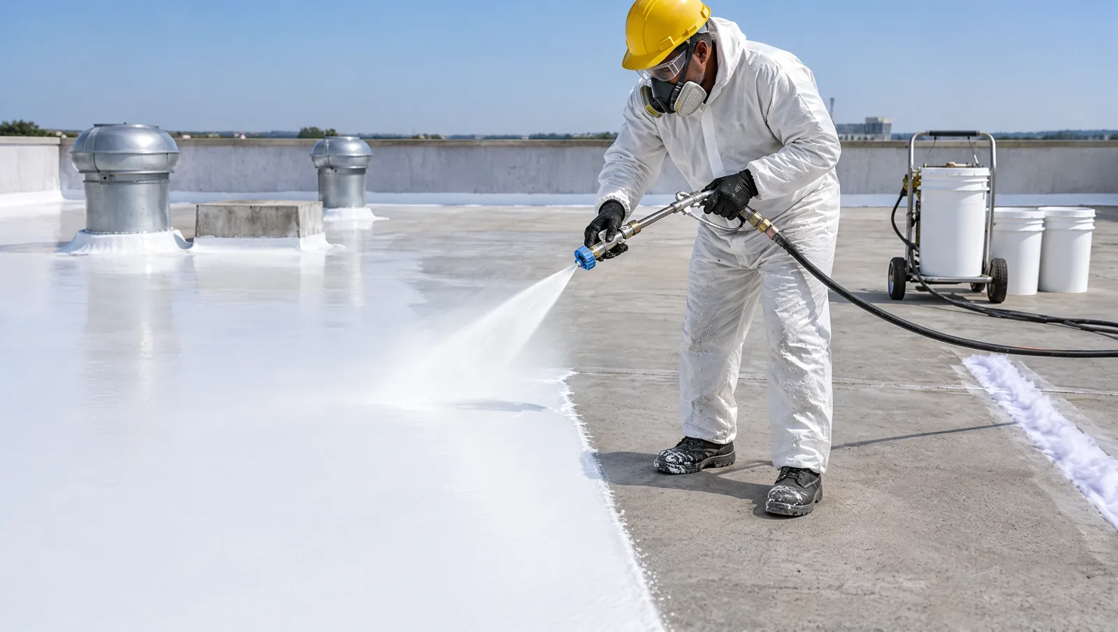 Spray-applied liquid waterproofing on a roof