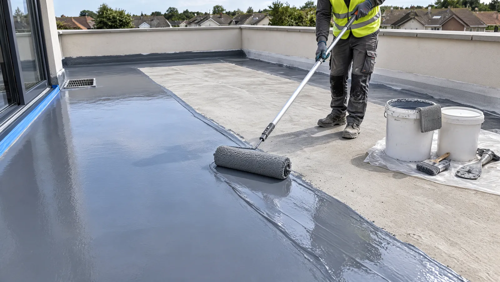 Roller-applied waterproofing coating on a terrace